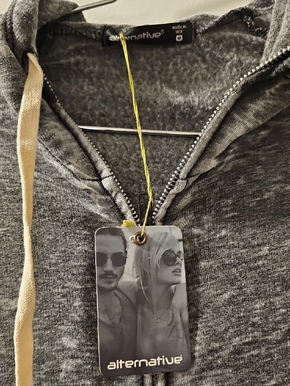 Alternative  UnisexCharcoal Zip-Up Hoodie with Cream Drawstrings